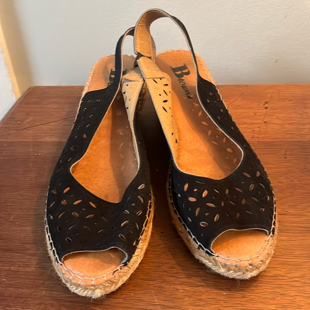 Black espadrille peep toe sandals with a wedge heel. Boho, spring, preppy